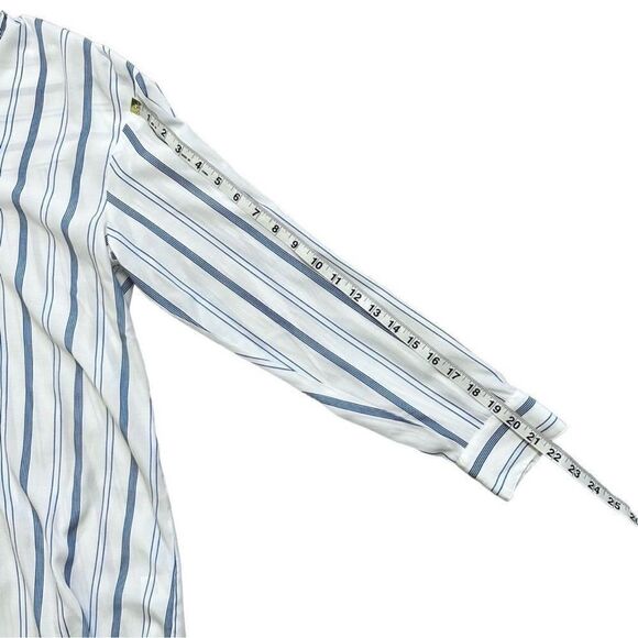 Elizabeth And James Blue Stripe Tie Neck Tunic Button Down Blouse Size Large - Picture 10 of 11